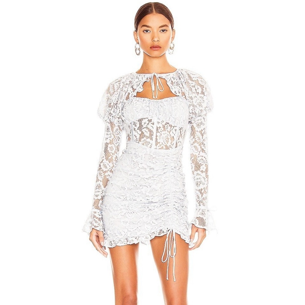 For Love & Lemons White Sheer Lace Puff Sleeve Victorian Dress, NWT Sz M